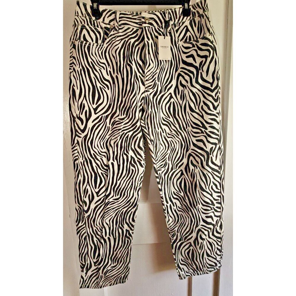 NWT Forever 21 denim jean pants black zebra print white high rise Woman Sz 29
